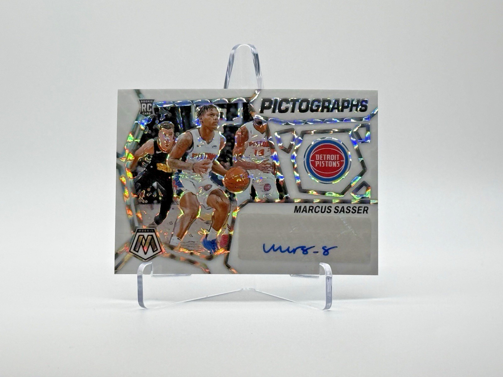 2023-24 Mosaic Marcus Sasser PRIZM #PM-SAS Pictographs  White  AUTO 04/25