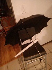 VTG BLACK UMBRELLA /PARASOL W/GOLD METAL HANDLE  COVER- EUC 