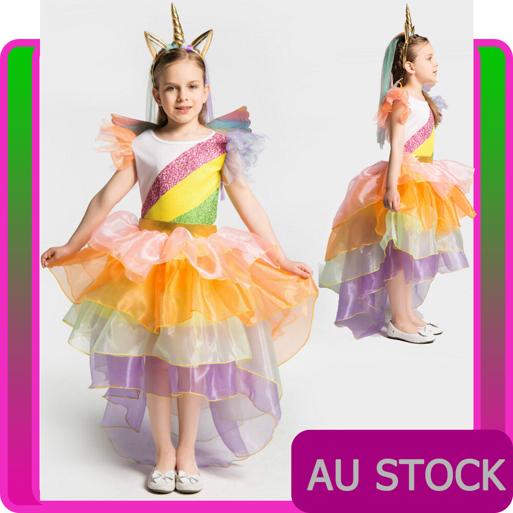 Girls Rainbow Unicorn Princess Costume Book Week Child Kids Wings