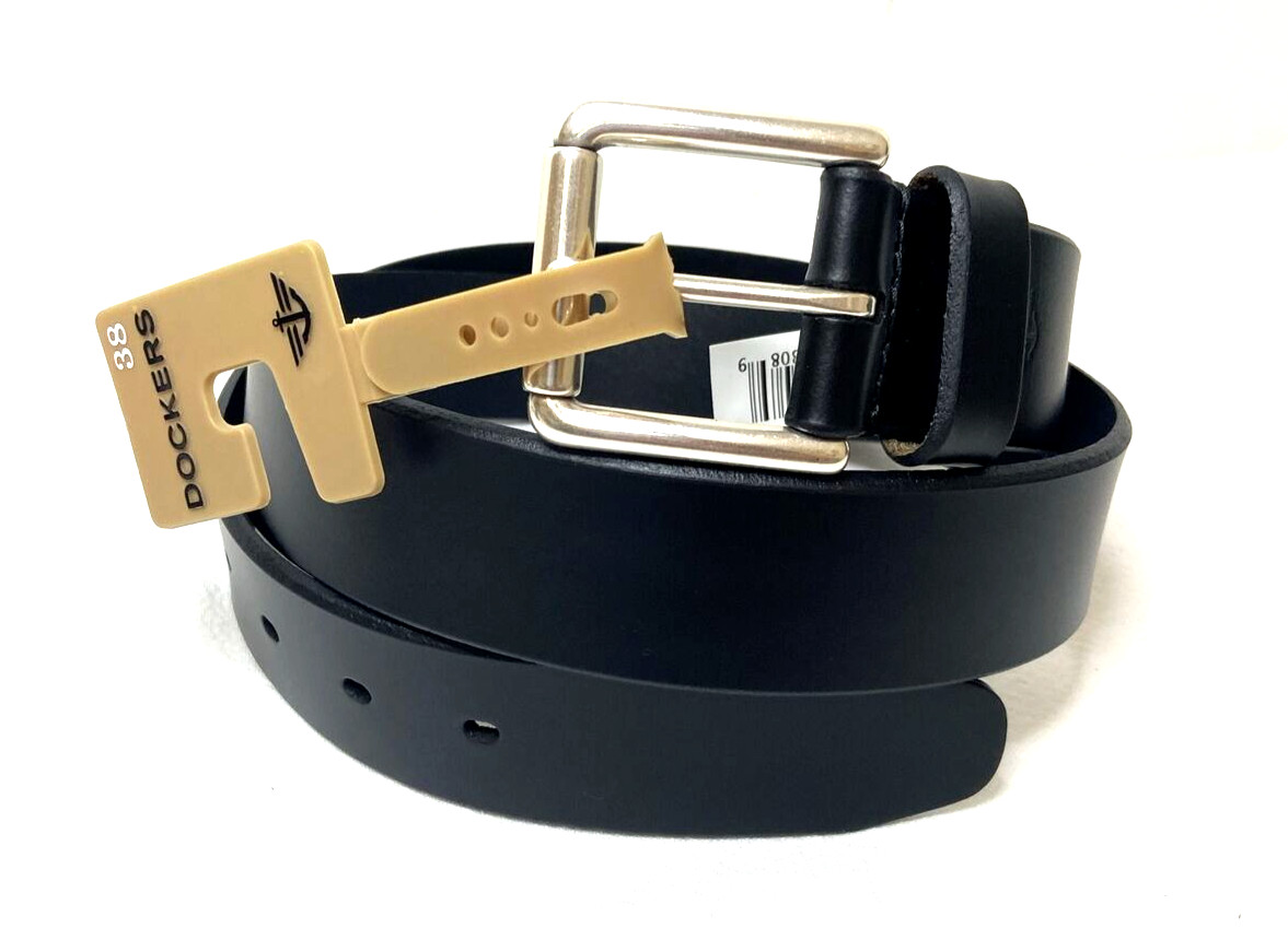 Dockers Men's 1.5" Black Leather Belt Sz 38 Silver Toned Buckle Neutral Minimal