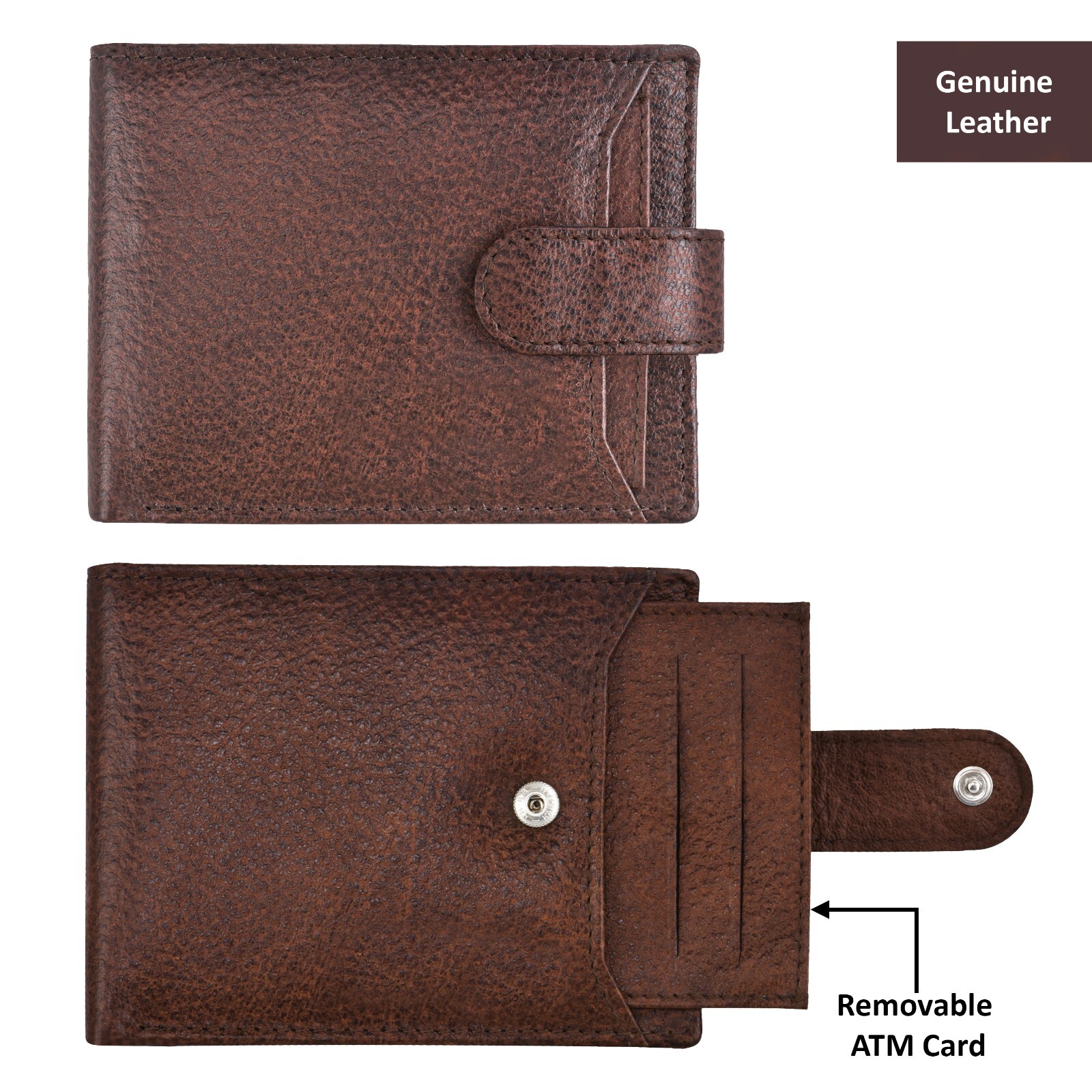 Men's Brown Genuine Leather Bi-Fold Wallet with Removable Card Holder-image