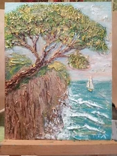 Original acrylic  Marine painting - sailboat in the sea, rocky shore.Relief,gold