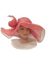 C.C Pink Woven Sinamay Flowers  Feathers Large Brim Womens Church Hat Sun Cap