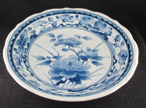 Vintage Blue White Porcelain 8 inch Shallow Bowl Made in Japan Flowers tp