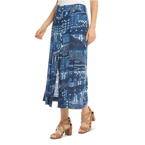 New Karen Kane Womans Sz Large Skirt Midi Bali Button Front Blue Abstract NWT
