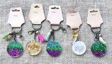 Lot Of 5 Resin Circle Keychains With Tassels Sparkly Purple, Green, Clear Sparkl