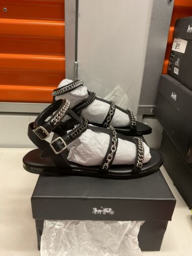 COACH Black Flat Gladiator Sandals W Chain Detail Haddie G3973 New SS042 Sz 7 - Picture 7 of 12