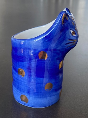 Anthropologie Cat Ceramic Vase Planter Voitive by Bird Can Fox | Gold Blue | 4"h - Picture 11 of 19
