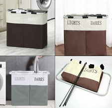 Foldable Laundry Hamper Basket Clothes Storage 2 Compartment Lights And Darks   