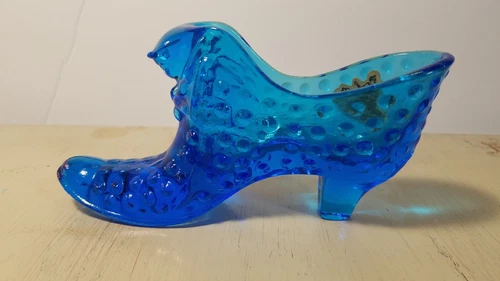 Vintage Fenton Cobalt Blue Glass Hobnail Cat Head Shoe Slipper