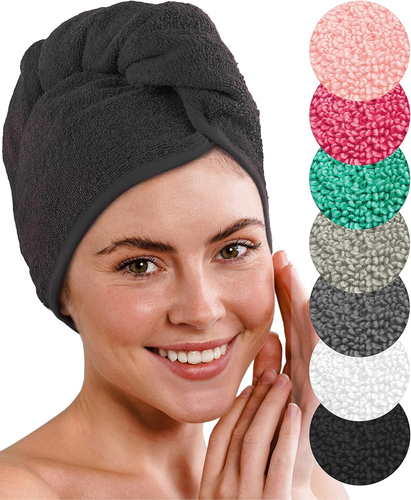 Asciugamano Turbante Deluxe Con Bottone per Capelli Corti E Lunghi - Spugna Di C - Foto 11 di 12