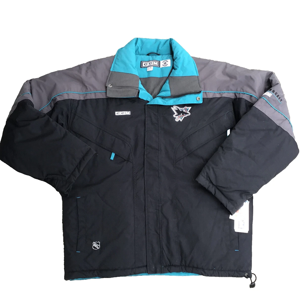 Vintage San Jose Sharks CCM Hockey Jacket Black Gray Teal Size