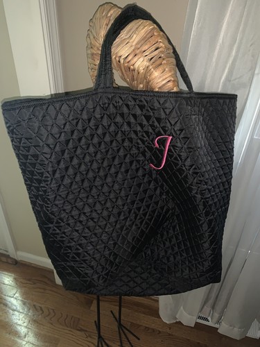 BEACH TOTE Large Quilted Monogram “T” Or “J” Black Hot pink DIVA PURSE ❤️tw11j