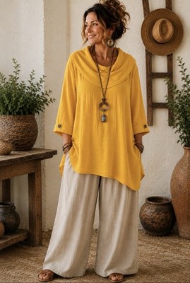 Ali Miles Yellow Cowl Neck Tunic Top Sz 1X Crinkle Artsy Oversized Top Cuffed