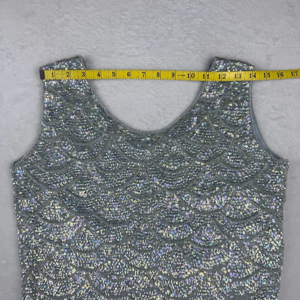 Top de lentejuelas vintage sin marca M azul aguamarina lentejuelas iridiscentes flecos festoneados Foto 3 de 4