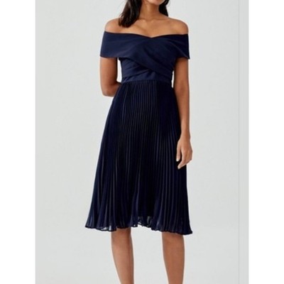 Love Bonito Navy Off Shoulder Pleated Dress XL Elegant Formal Wedding Guest