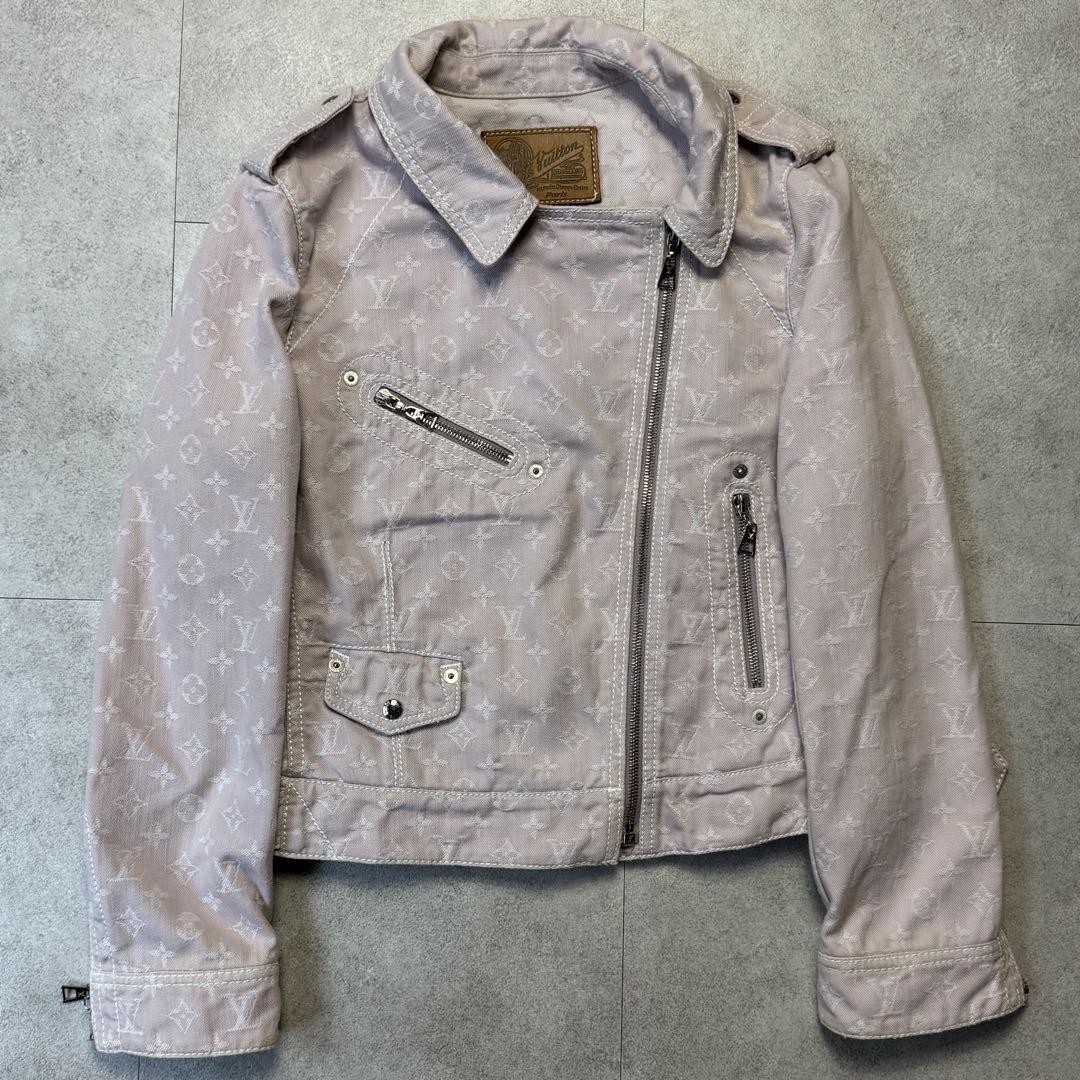 Louis Vuitton Denim Monogram Rider Jacket Beige Leather Tag Men Women Excellent