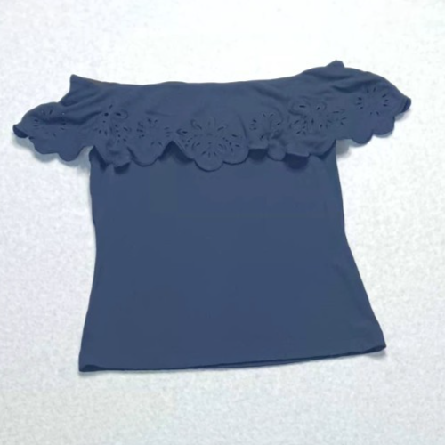 Ann Taylor Ruffled Off The Shoulder  Blouse Women's Petite size XXSP  Navy Blue
