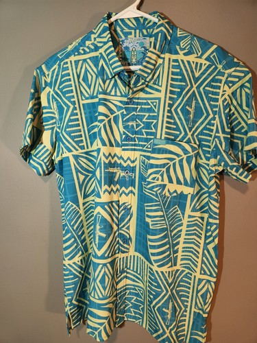 Retro Rifle Mens Large Hawaiian Dress Collard Button Down Tshirt Blue & Yellow - 第 1/8 張圖片