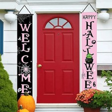 Pink Halloween Porch Banner Welcome Cauldron Ghost Front Door Sign Decor