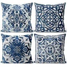 Vintage Blue and White Throw Pillow Covers 18x18 Set of 4, Retro Boho Ethnic ...