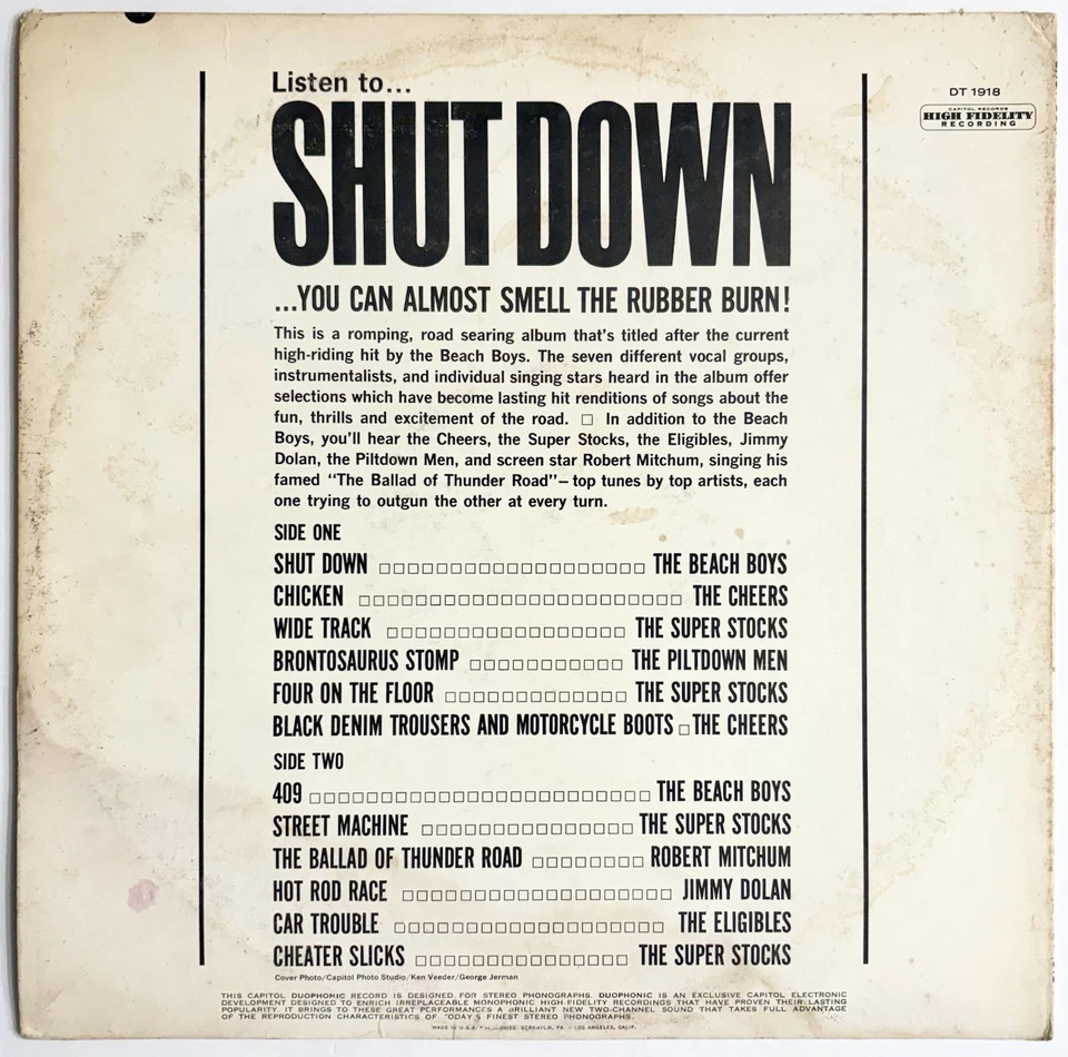 Various - Shut Down 1963 Duophonic DT1918 Vinyl LP - Cleaned See Description - Image 4 of 4