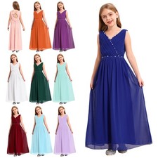 Flower Girl V Neck Chiffon Ruched Bodice Jewels Dresses Wedding Prom Party Gowns
