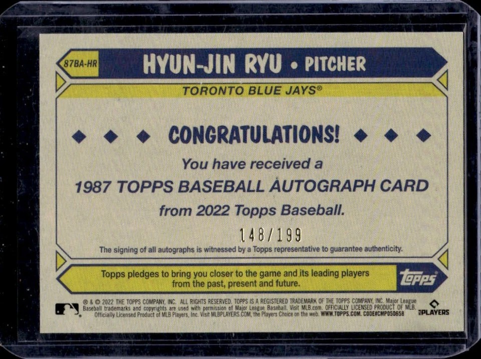 2022 Topps Hyun-Jin Ryu 1987 35th Anniversary Auto Series Two Black #148/199 - Image 2 of 2