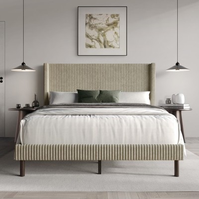 Luxurious Queen Size Wingback Bed Frame Upholstered With Corduroy Velvet Fabric