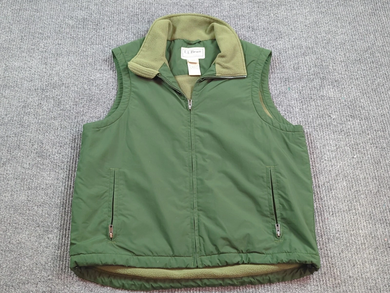 LL Bean Vest Men Medium Green Fleece Lined Full Zip Pockets Nylon Outdoor