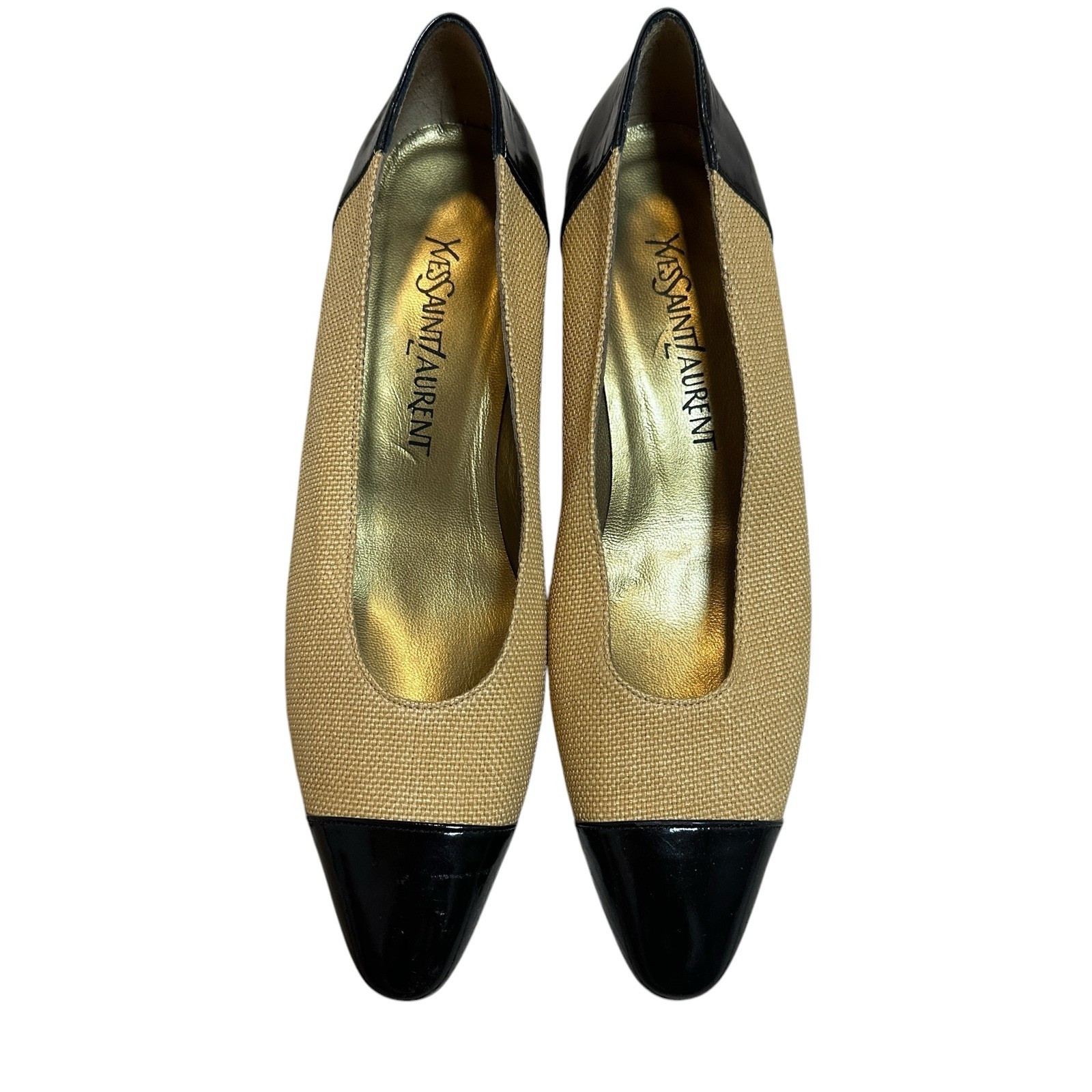 Vintage YSL Yves Saint Laurent nero pelle e beige tessuto spettatore pompa bassa 8N