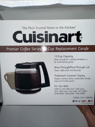NIB Cuisinart Premier Coffee Series 12-Cup Replacement Glass Carafe DCC-1200PRC