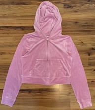Juicy Couture OG Bling Pink Velour Zip Hoodie Rhinestone Logo Y2K Cropped L