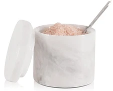 Marble Salt Cellar with Lid and Spoon 3 Inch White Spice Jars for Kitchen Cou...