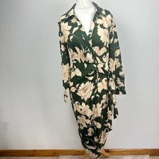 MNG linen midi dress women’s medium size 10-12 green floral