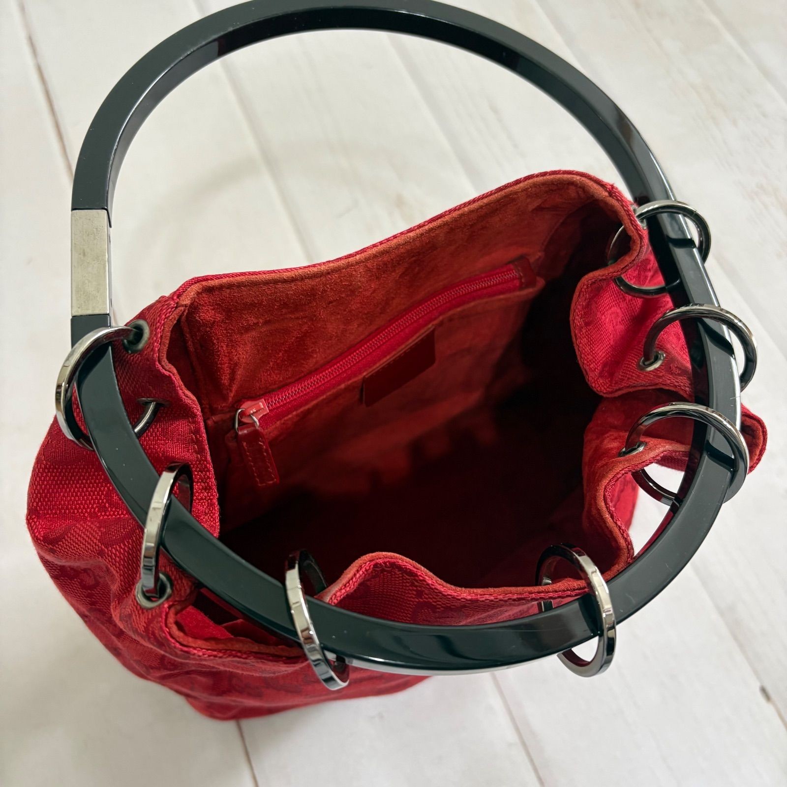 Gucci Vintage GG Canvas Ring Handle Shoulder Bag Red 90s Italy Authentic image 7