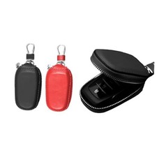 2PCS Car Key Case, Genuine Leather Auto Key Fob Cover Case with Hook, Black red