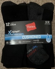 Hanes Men 12 Pk X-Temp Cushion Arch Support Wicking Fresh IQ Crew Socks Blk 6-12