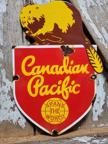 VINTAGE CANADIAN PACIFIC RAILWAY PORCELAIN SIGN OLD TRAIN RAILROAD CANADA BEAVER