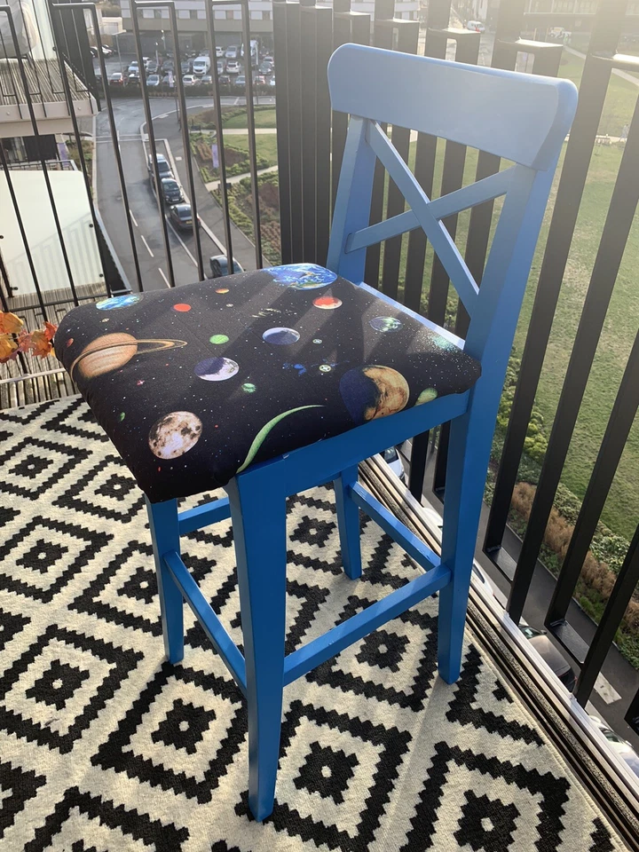 Upcycled Blue/Space Pattern Bar Stool - Image 2 of 4