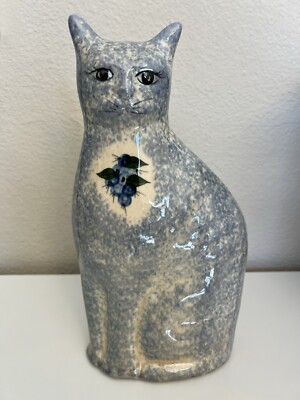 Vintage Blue Speckled Ceramic Cat With Blueberries Sitting Figurine Statue