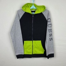 NWT GUESS Hoodie Sz 16 Full Zip Gray Green Black Organic Cotton