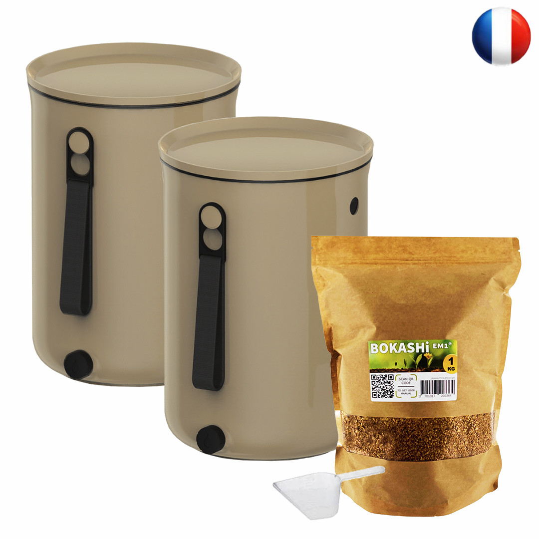 Bokashi Organko 2 Cappuccino lot de 2 petit composteur d'intérieur hermétique