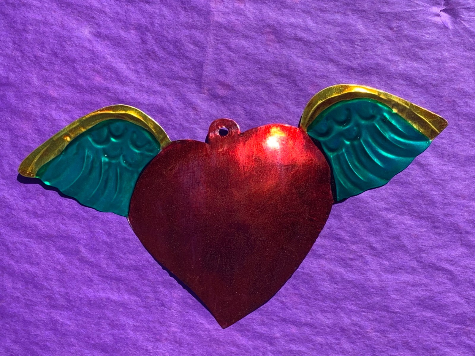 Wall Art Mexican Hand Painted Tin Ornament Angel Wings Milagro Rainbow