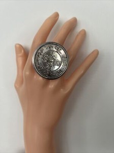 MIRANDA CRIMP Large Asian Coin Cocktail Ring Sterling Silver Size 9