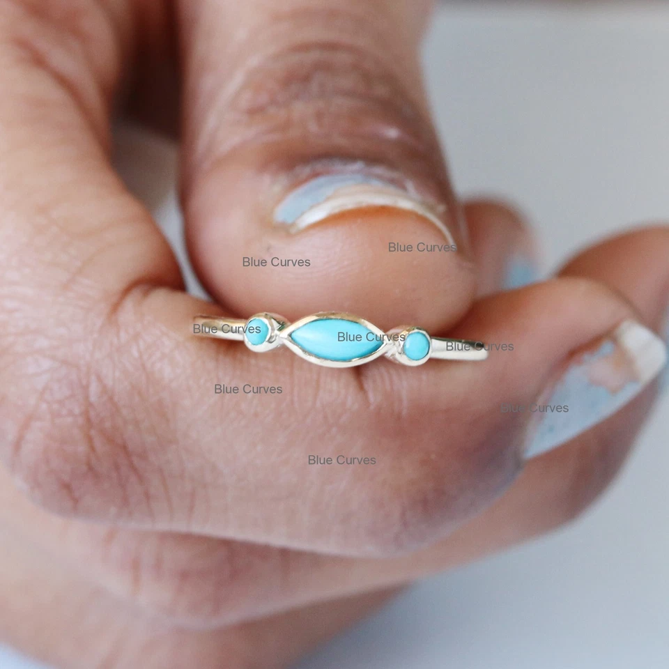 14k Solid Yellow Gold Marquise Turquoise Gemstone 3 Stone Band Ring Jewelry - Image 4 of 4