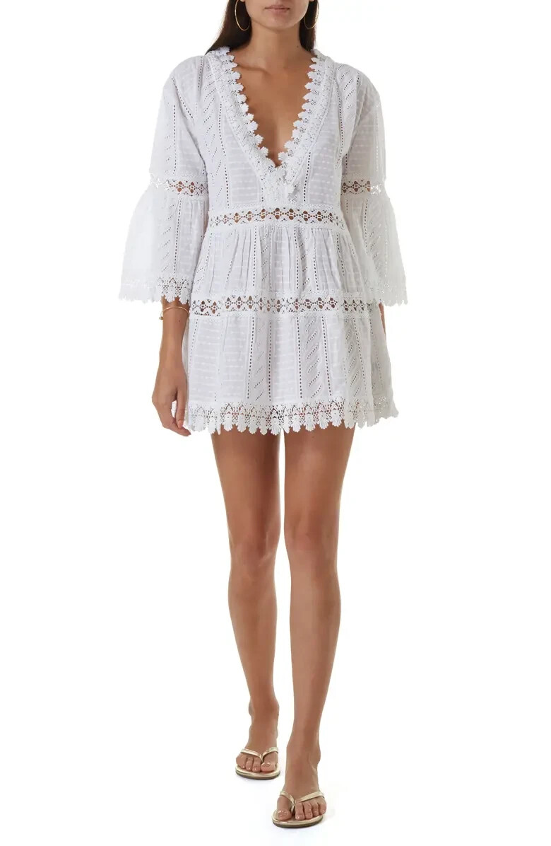 melissa odabash pearl crochet trimmed embroidered cotton voile mini dress Pearl Ivory Kaftan