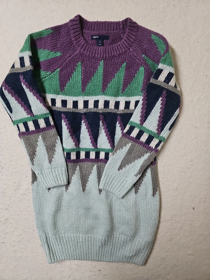 GAP Niños Niñas 10 Suéter Vestido Intarsia Tejido Manga Larga Geométrico Púrpura Verde Foto 2 de 4