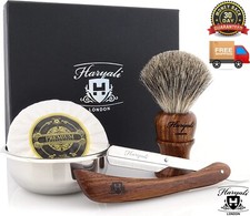 Wooden Shaving Brush Set Baber Salon Cut Throat Razor with Shaving Soap and Bowl