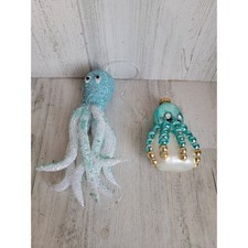 Blue glitter octopus ornament set Xmas unique vintage sea ocean